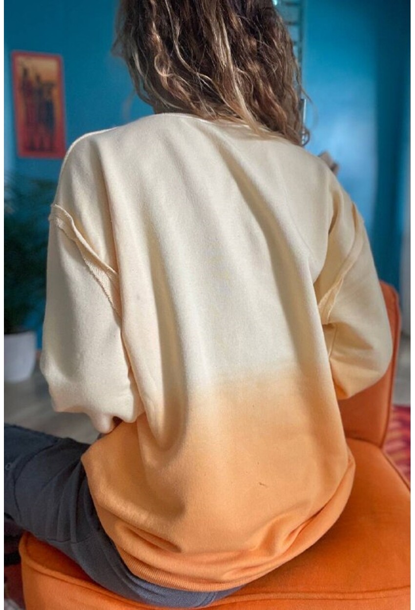 Kadın Turuncu Yıkamalı Degrade Yırtık Cep Detaylı Oversize Salaş Sweatshirt Rsd3063