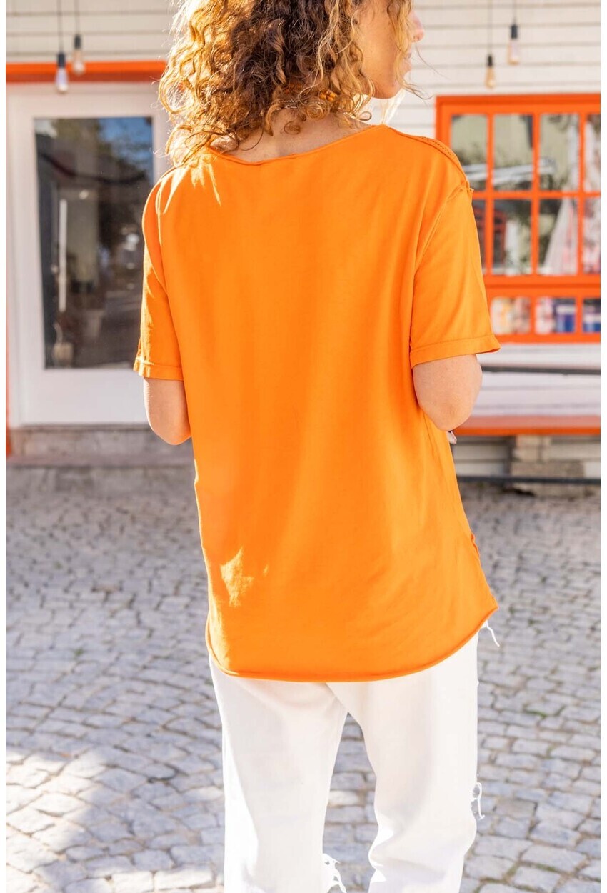 Womens Orange Washed Mesh Printed Loose T-Shirt RSD3008