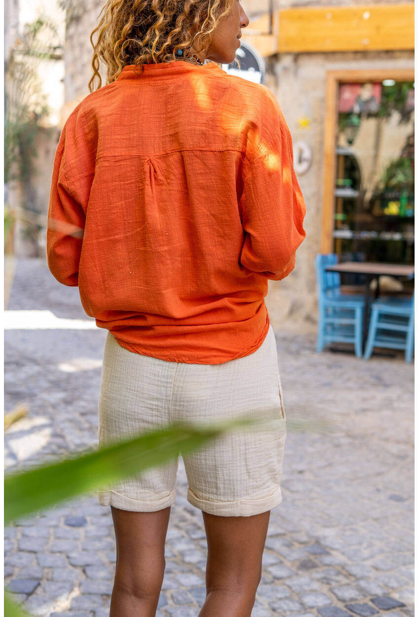 Womens Orange Washed Linen Single Pocket Half Pop Blouse Rsd2070