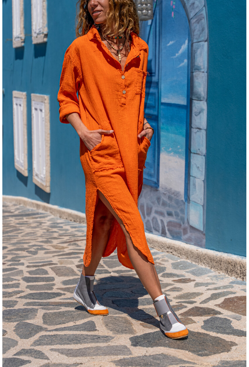 Kadın Turuncu Yıkamalı Keten Yarım Patlı Cepli Elbise Gk-Rsd2083