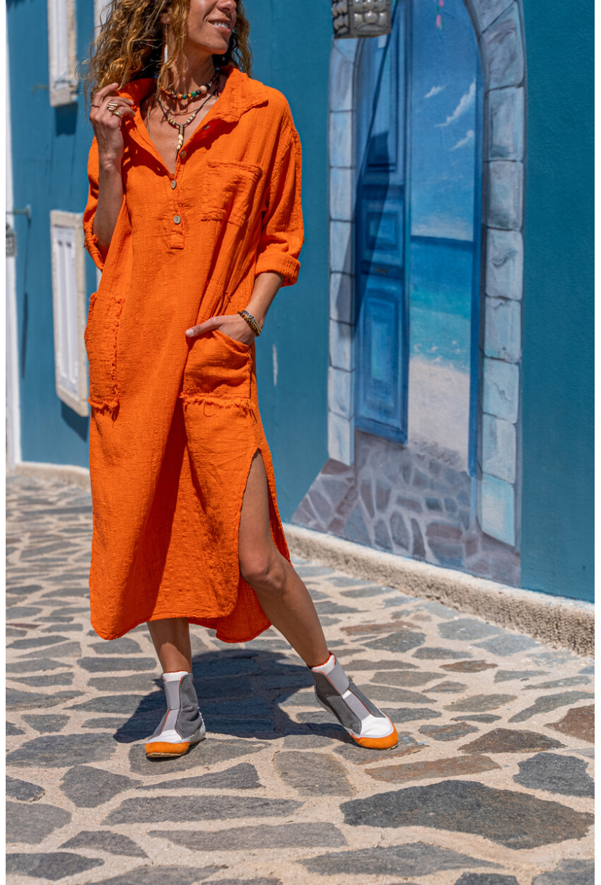 Kadın Turuncu Yıkamalı Keten Yarım Patlı Cepli Elbise Gk-Rsd2083