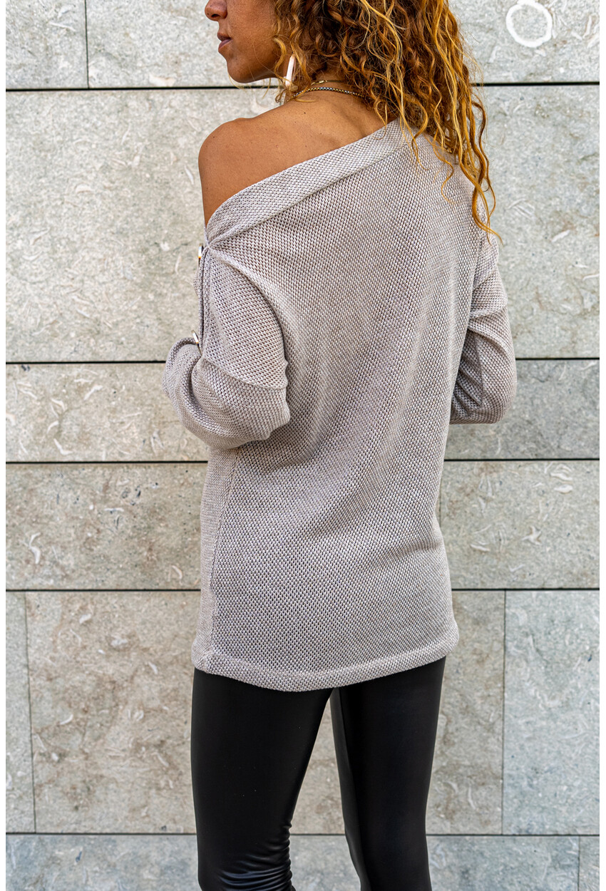 Womens Mink Shoulder Buttoned Self-Textured Glittery Slim Knitted Blouse GK-BST2995