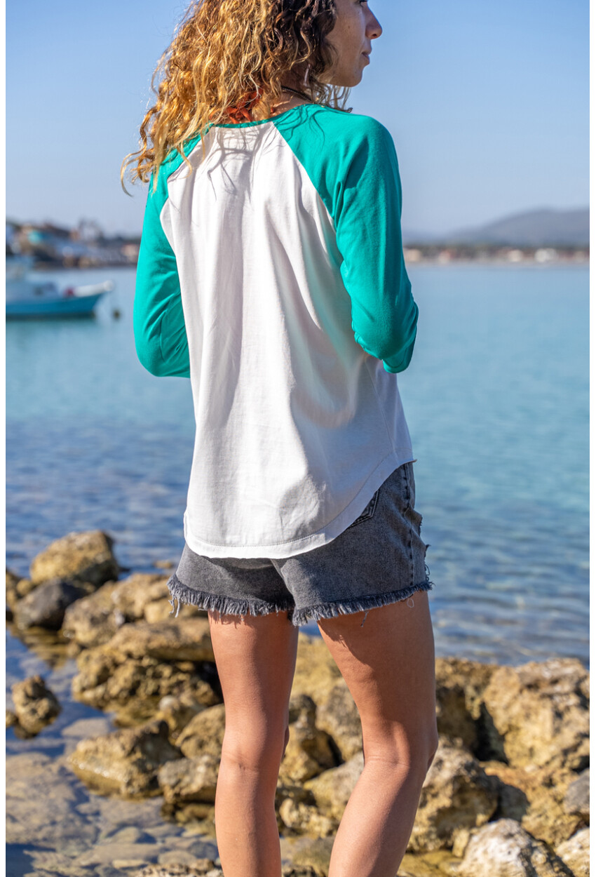 Kadın Yeşil-Beyaz Raglan Kol Color Block Bluz 1St7