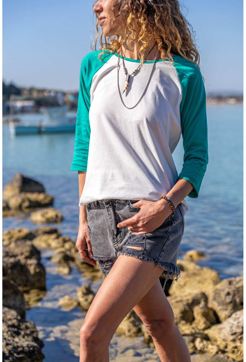 Kadın Yeşil-Beyaz Raglan Kol Color Block Bluz 1St7