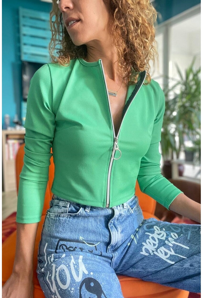 Kadın Yeşil Fermuarlı Kaşkorse Likralı Crop Bluz Bst3323