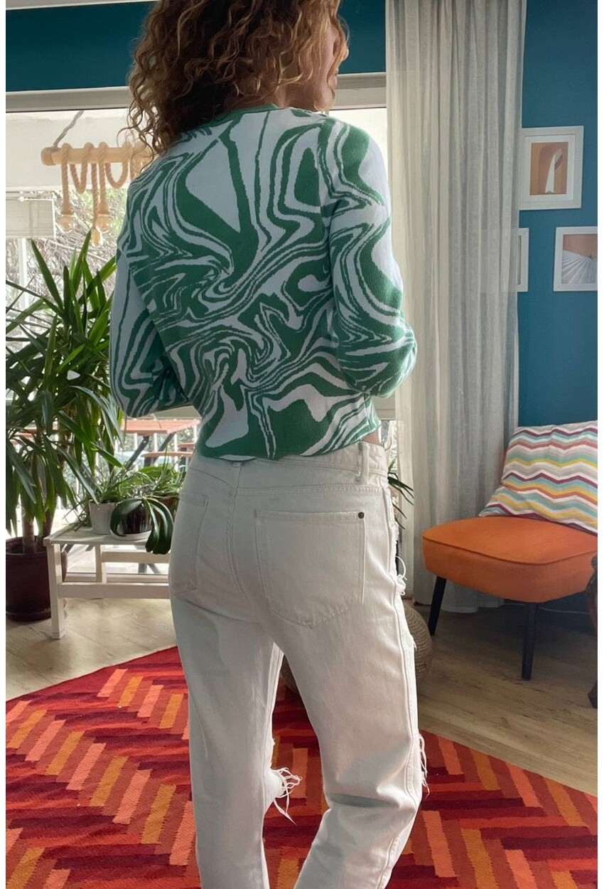 Kadın Yeşil Kendinden Desenli Crop Kazak Wh5