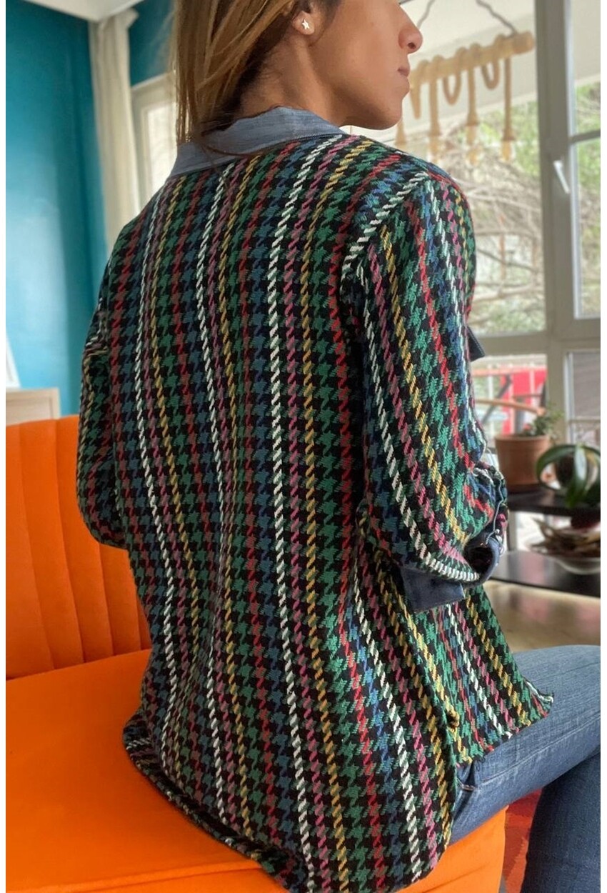 Kadın Yeşil Kot Garnili Özel Dokulu Oversize Gömlek Bst3302