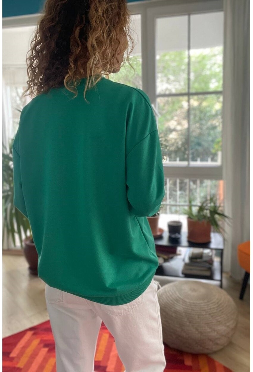 Kadın Yeşil O Yaka İki İplik Salaş Basic Sweatshirt Vl2