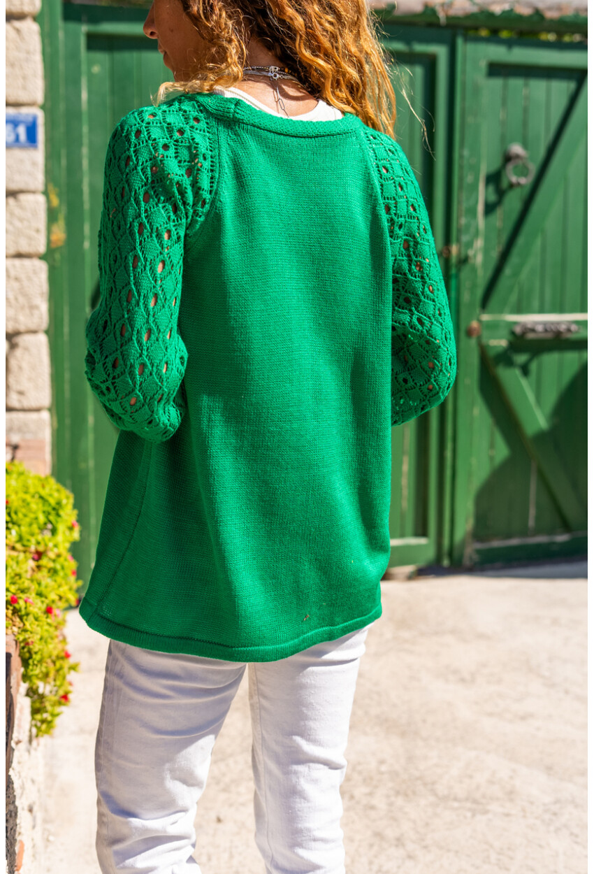 Kadın Yeşil Raglan Kol Düğmeli Kolları Ajurlu Salaş Hırka Cck95004