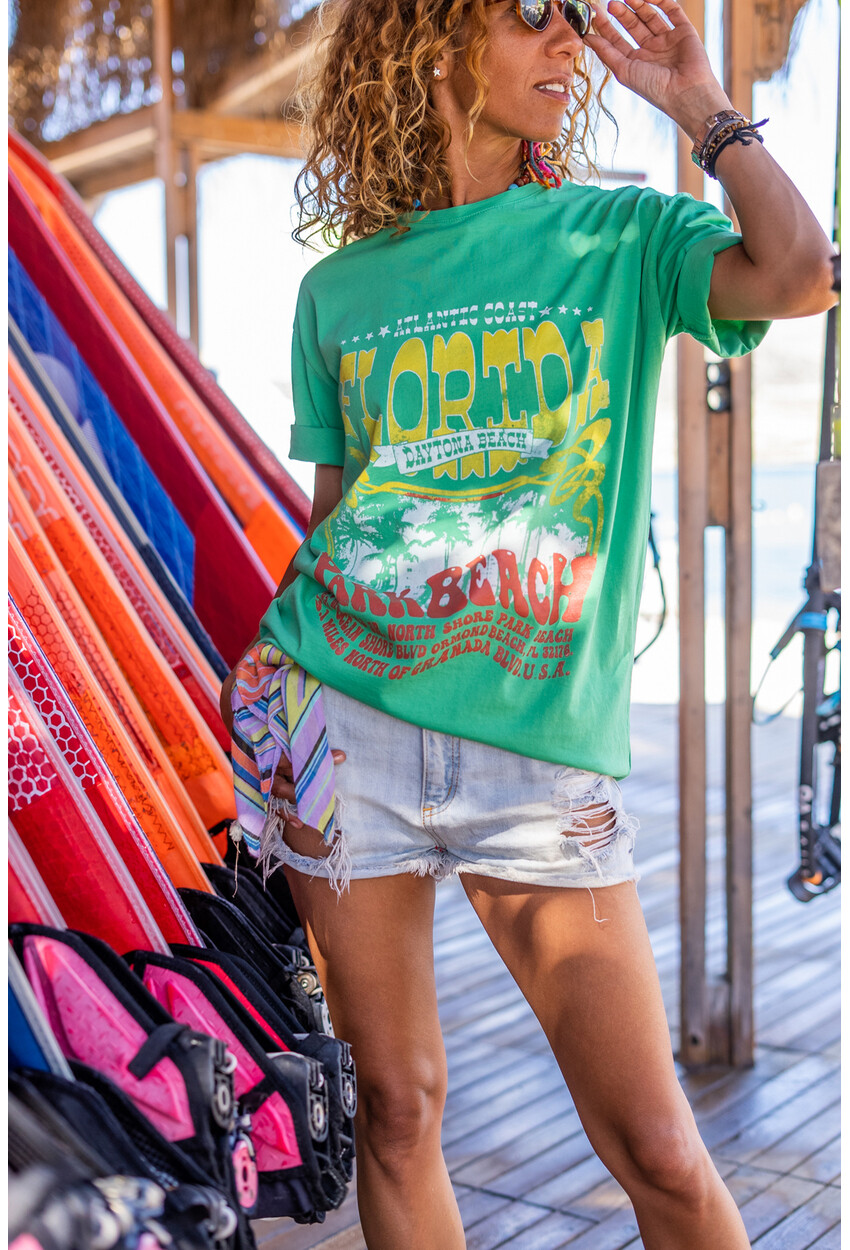Kadın Yeşil Renkli Baskılı Oversize T-Shirt Dv2