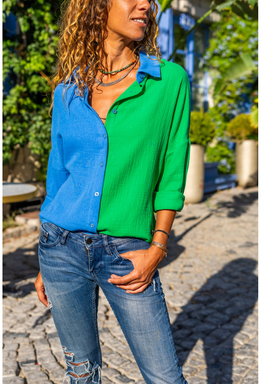 Yeşil-Saks Müslin Color Block Salaş Gömlek Bst3458