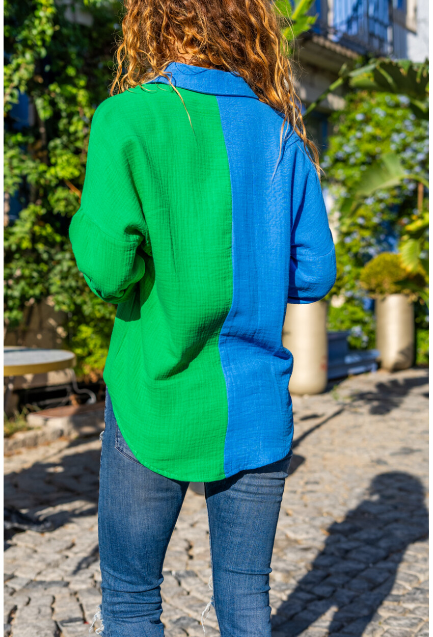 Yeşil-Saks Müslin Color Block Salaş Gömlek Bst3458