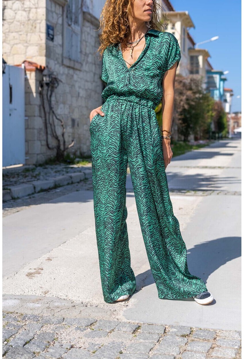 Kadın Yeşil Saten Beli Lastikli Cepli Bol Paça Tulum BST3235