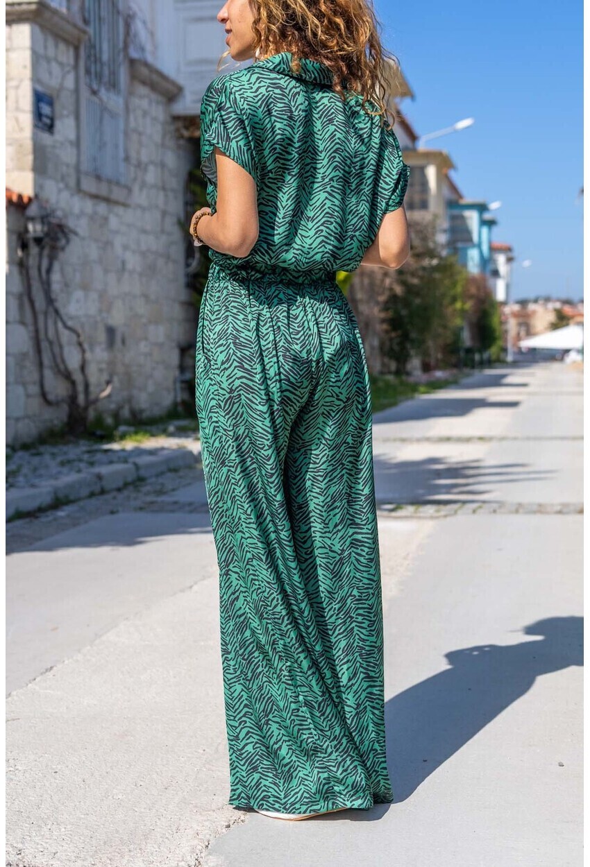 Kadın Yeşil Saten Beli Lastikli Cepli Bol Paça Tulum BST3235