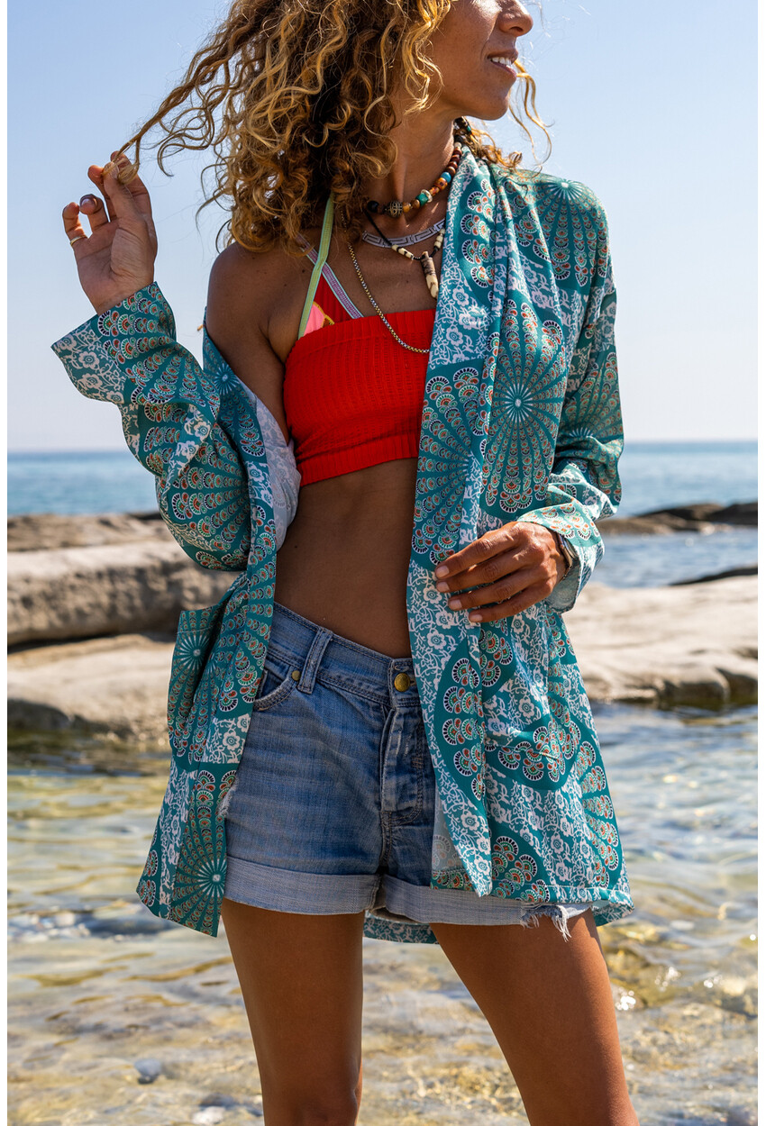 Kadın Yeşil Saten Çift Cep Salaş Kimono BST3250