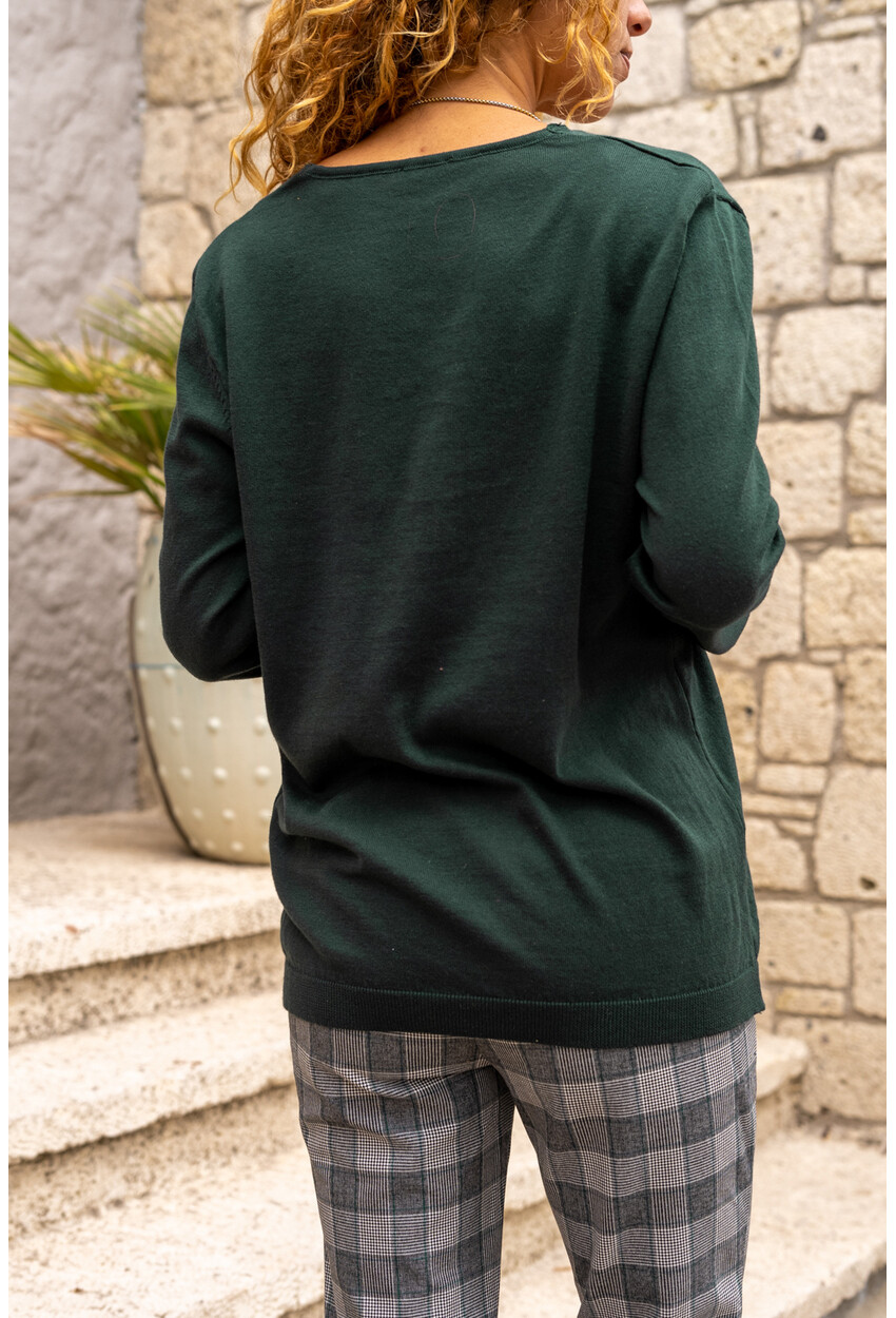 Kadın Yeşil V Yaka İnce Örme Basic Kazak Jr225