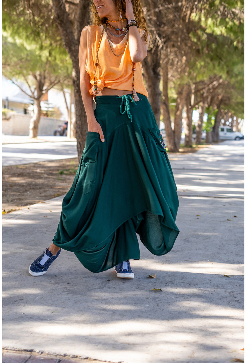 Kadın Zümrüt Yeşili Beli Bağlamalı Asimetrik Kesim Cebi Nakışlı Salaş Etek Rsd2040