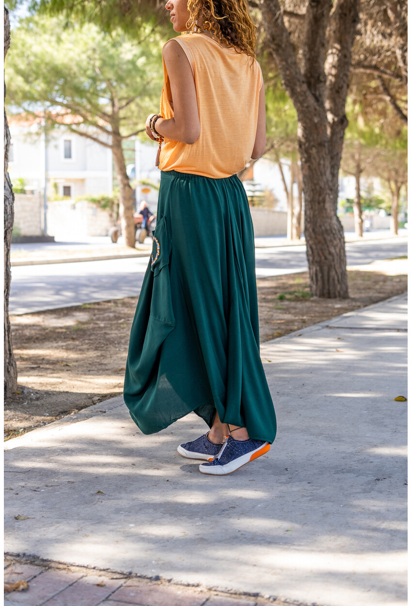 Kadın Zümrüt Yeşili Beli Bağlamalı Asimetrik Kesim Cebi Nakışlı Salaş Etek Rsd2040