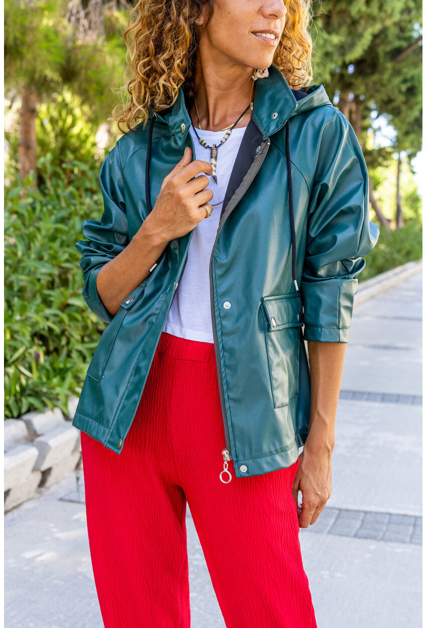 Kadın Zümrüt Yeşili Deri Kapüşonlu Cepli Çıtçıtlı Ceket Rm1888