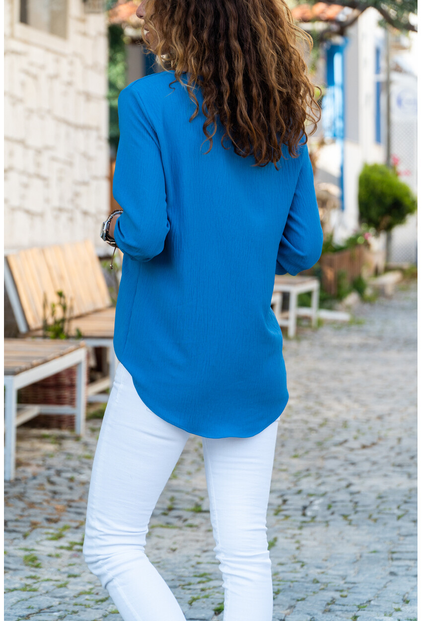 Sax Neck Slit Striped Crepe Blouse GK-BST2841