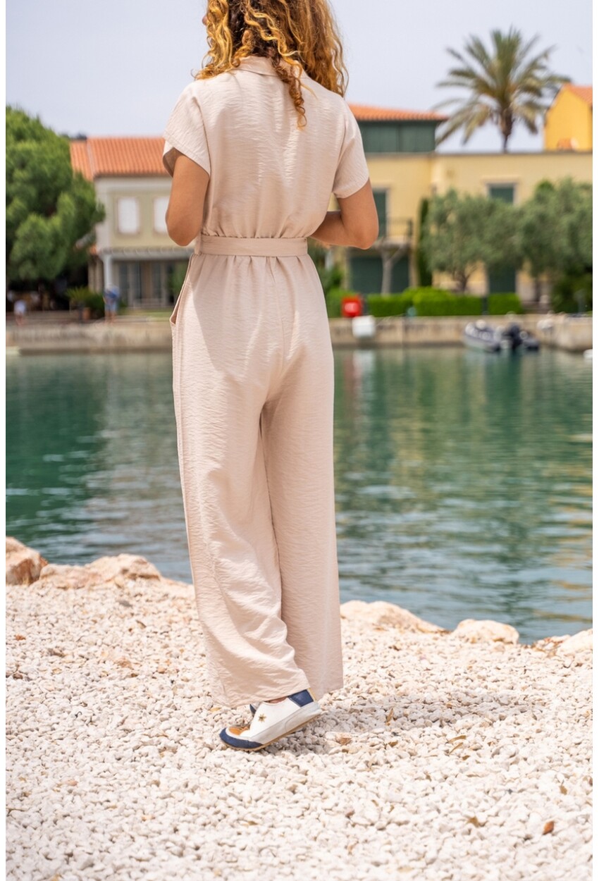 Bej Ceket Yaka Kendinden Kemerli Tulum Bst3405