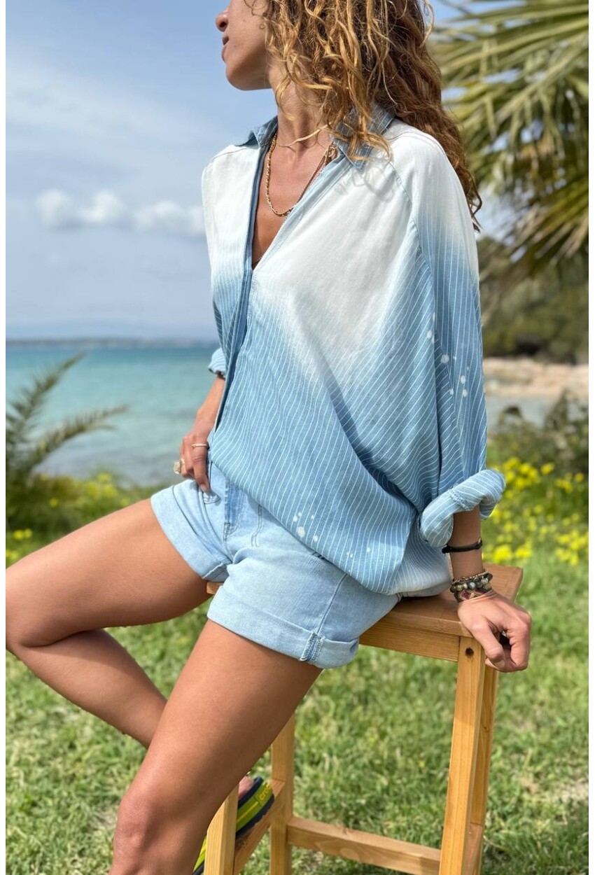 İndigo Düşük Kol Degrade Düğmeli Yumuşak Dokulu Salaş Denim Gömlek 70 70