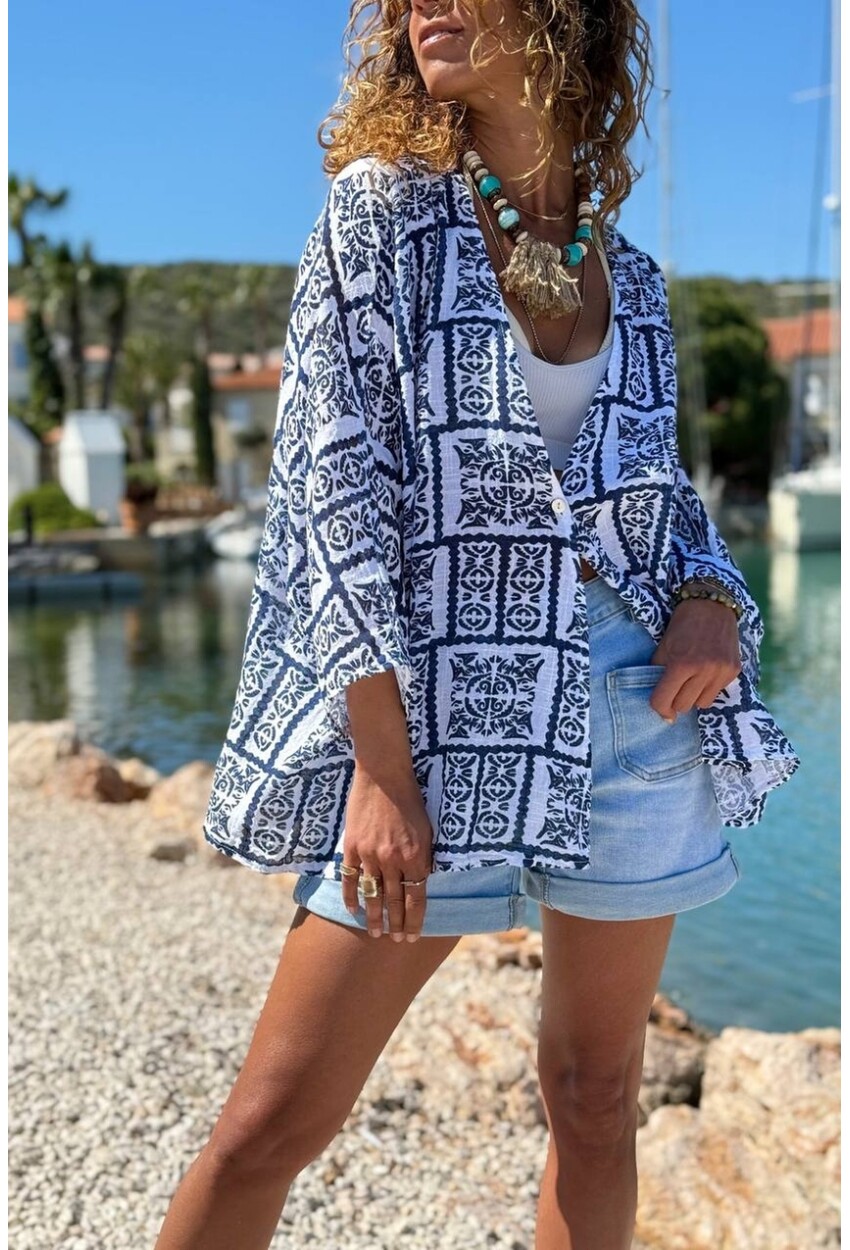 İtalyan Beyaz-Lacivert Etnik Desen Düğmeli Yumuşak Dokulu Salaş Dokuma Kimono Ceket 68 75