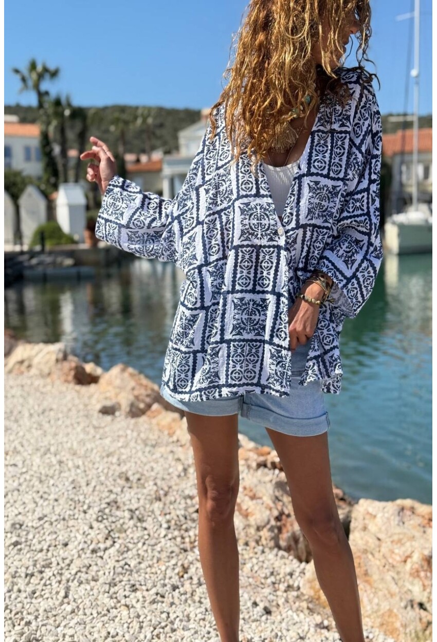 İtalyan Beyaz-Lacivert Etnik Desen Düğmeli Yumuşak Dokulu Salaş Dokuma Kimono Ceket 68 75