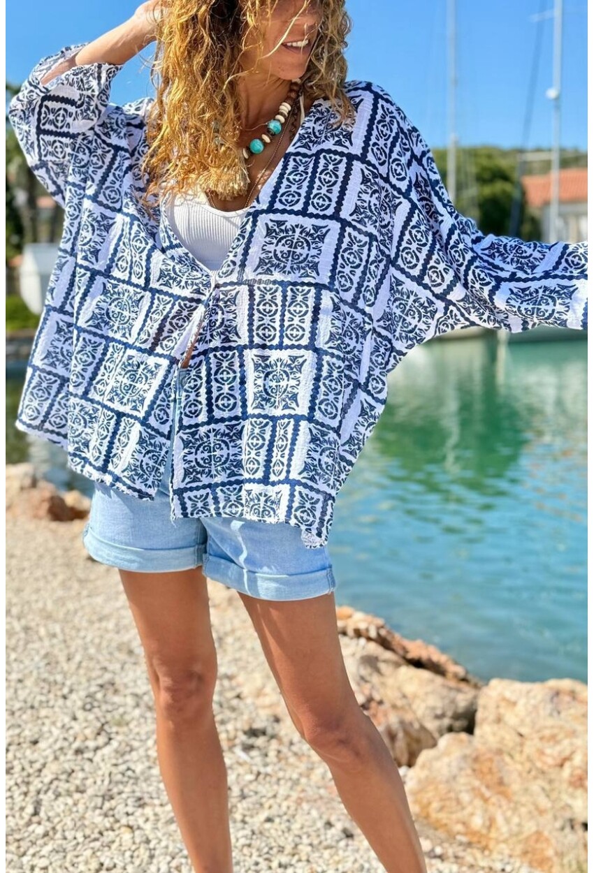 İtalyan Beyaz-Lacivert Etnik Desen Düğmeli Yumuşak Dokulu Salaş Dokuma Kimono Ceket 68 75