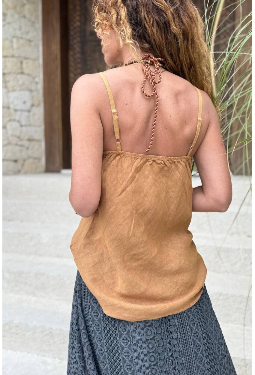 İtalyan Bronz Rengi Askılı Dantelli Keten Dokuma Bluz 68 50