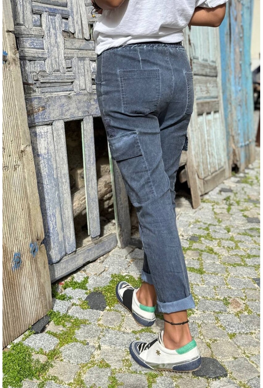 İtalyan Lacivert Cepli Yıkamalı Lastikli Ve Bağlamalı Bel Dar Paça Likra Dokuma Pantolon 95 60