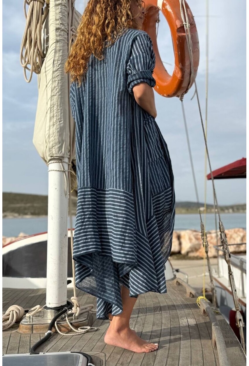 İtalyan Lacivert Şal Yaka 3/4 Kol Cepli Etek Ucu Fırfırlı Keten Salaş Dokuma Kimono Ceket 125 70