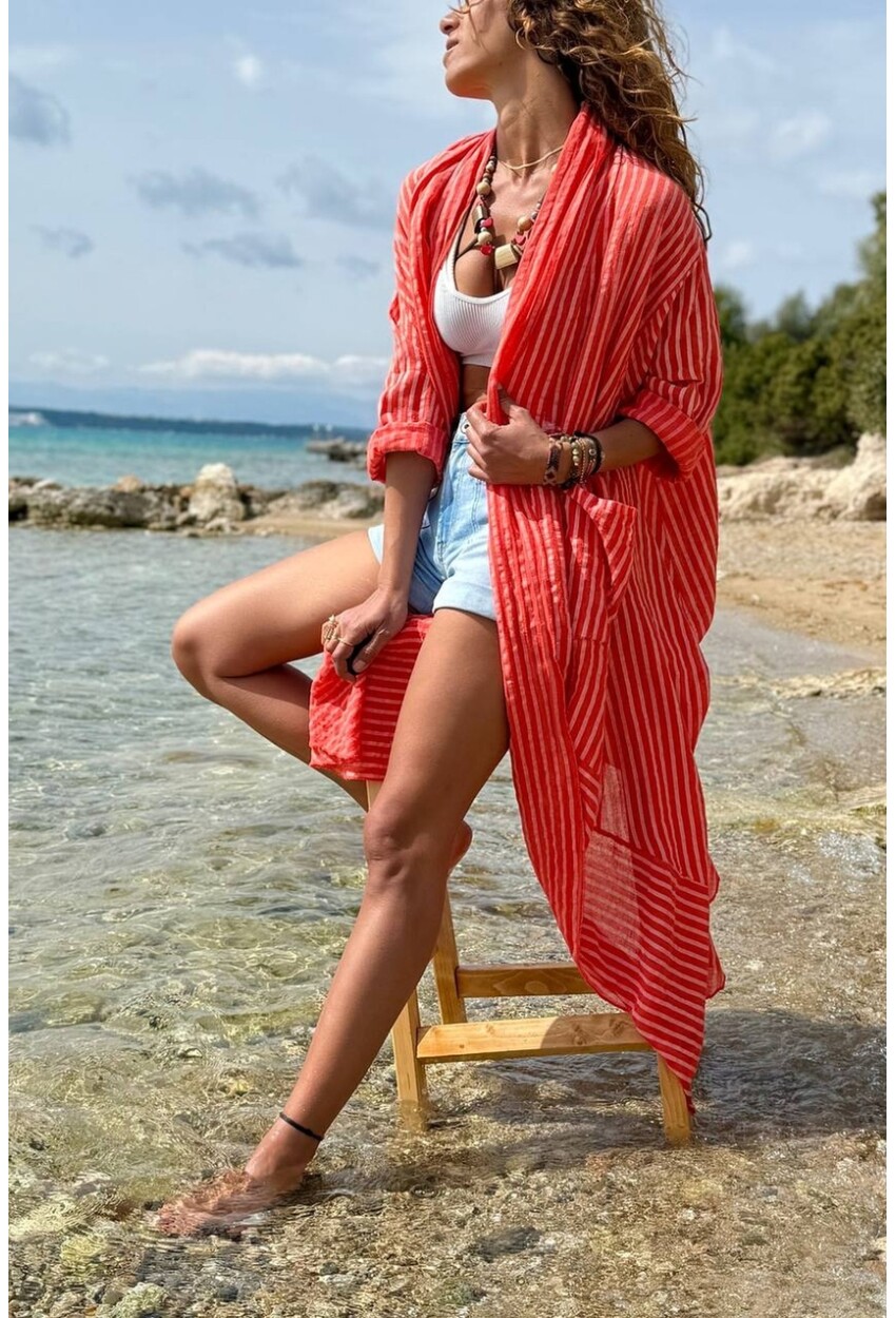 İtalyan Mercan Şal Yaka 3/4 Kol Cepli Etek Ucu Fırfırlı Keten Salaş Dokuma Kimono Ceket 125 70