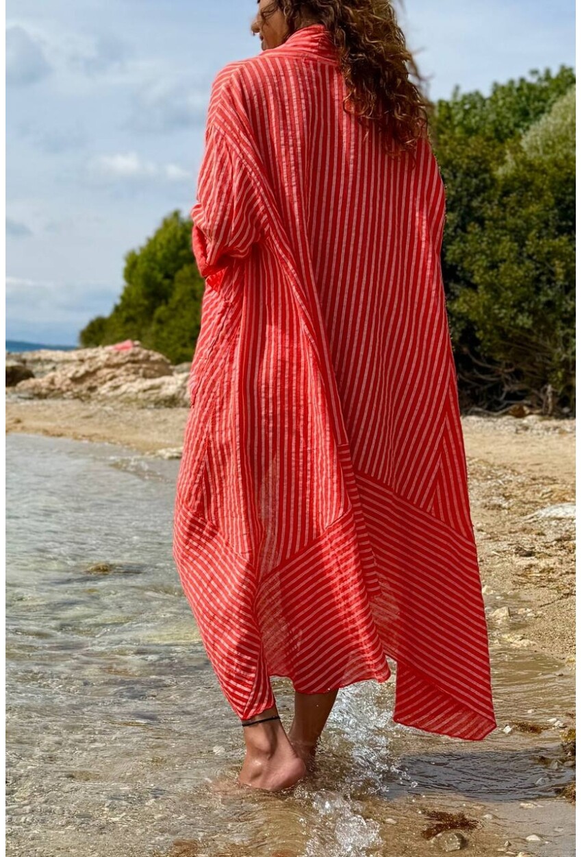 İtalyan Mercan Şal Yaka 3/4 Kol Cepli Etek Ucu Fırfırlı Keten Salaş Dokuma Kimono Ceket 125 70