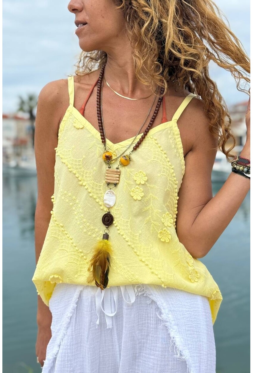 İtalyan Sarı Askılı Nakışlı Salaş Dokuma Bluz 65 52