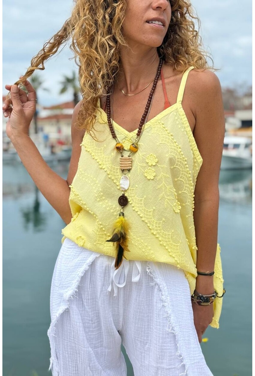 İtalyan Sarı Askılı Nakışlı Salaş Dokuma Bluz 65 52