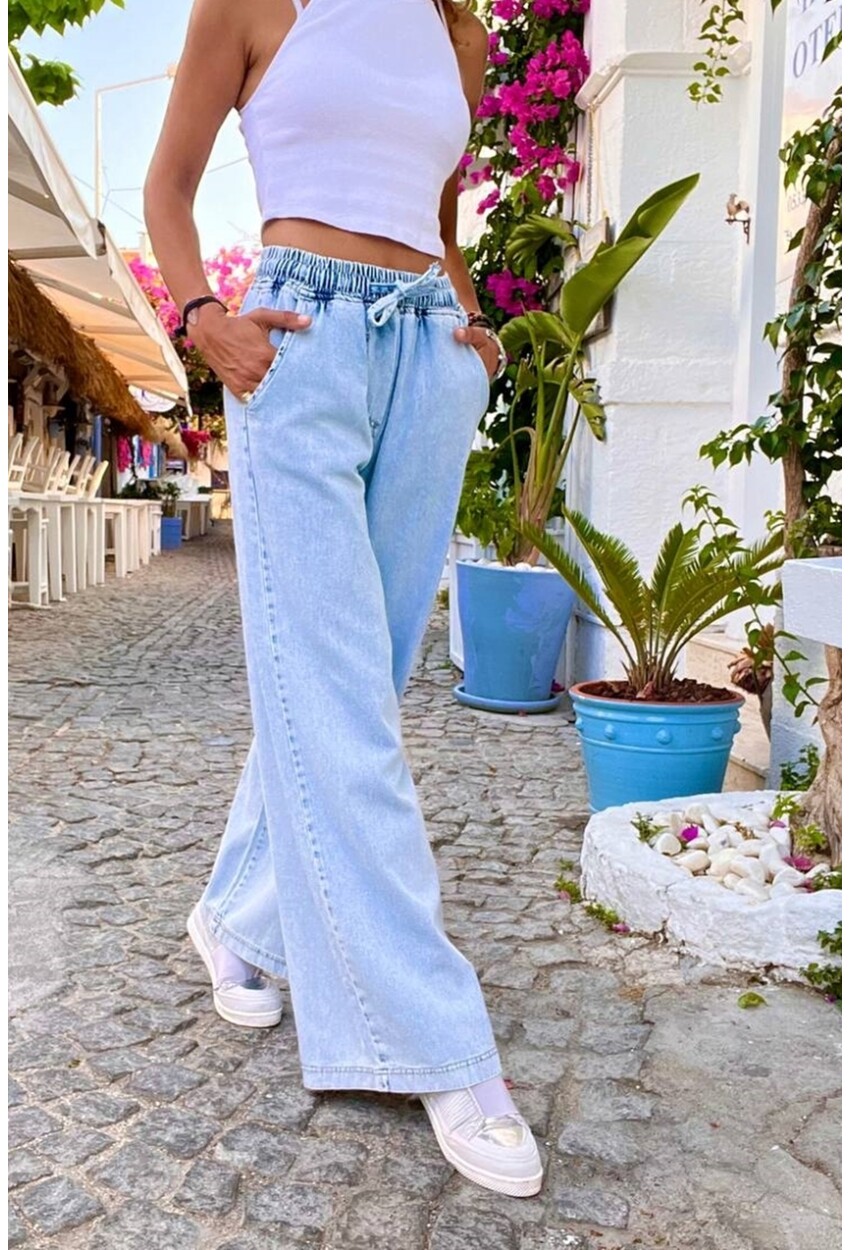 Açık Mavi Beli Lastikli Bol Paça Cepli Yıkamalı Kot Pantolon 100 30
