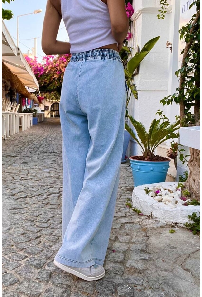 Açık Mavi Beli Lastikli Bol Paça Cepli Yıkamalı Kot Pantolon 100 30