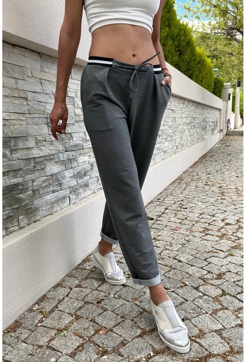Kadın Antrasit Beli Lastikli Cepli Rahat Kalıp Pantolon BST700-3523