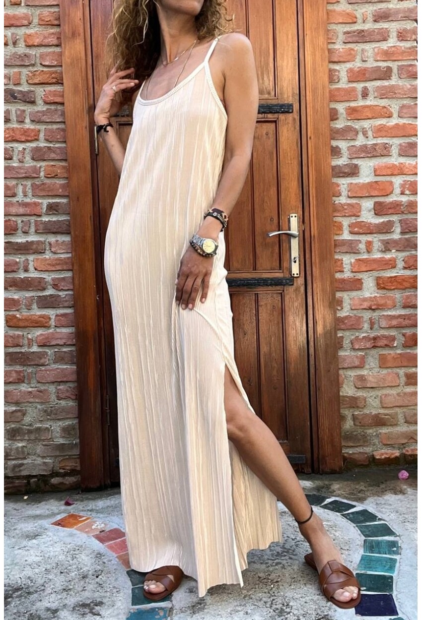 Kadın Bej Askılı Yanı Yırtmaçlı Pliseli Uzun Elbise BST700-3609