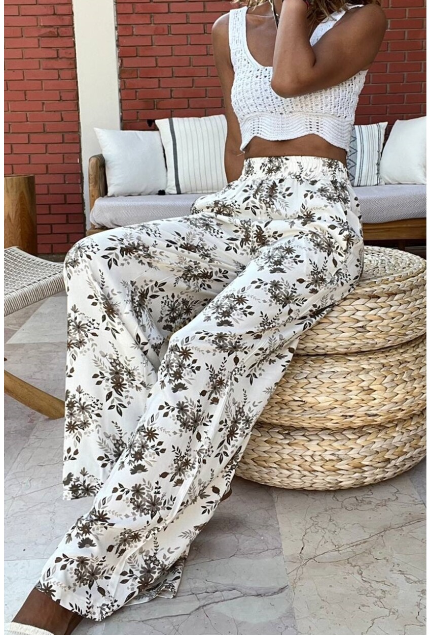 Kadın Bej Beli Lastikli Cepli Desenli Bol Kesim Pantolon BST700-3644