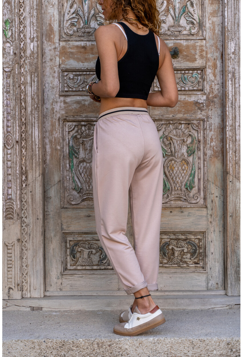 Kadın Bej Beli Lastikli Cepli Rahat Kalıp Pantolon BST700-3523