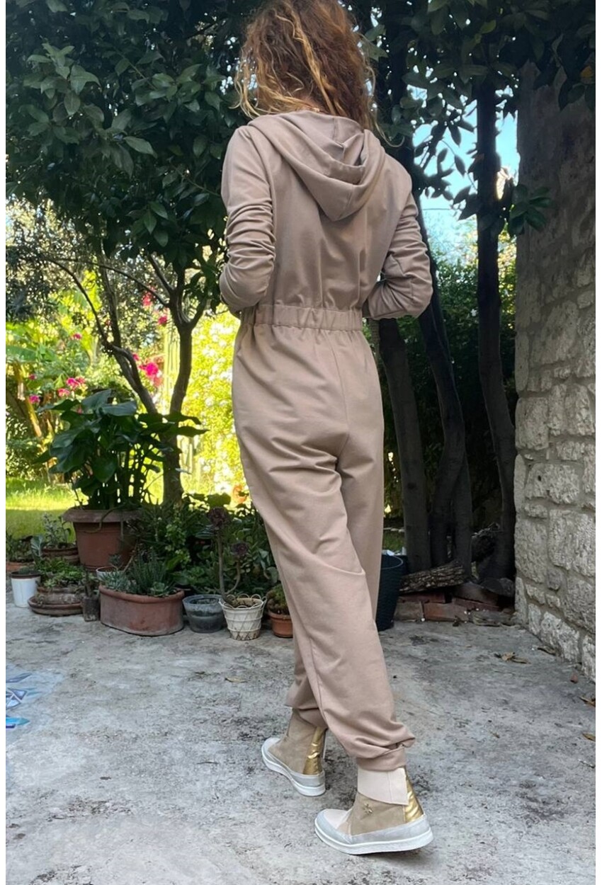 Kadın Bej Beli Lastikli Fermuarlı Kapüşonlu Cepli Tulum Cck23005