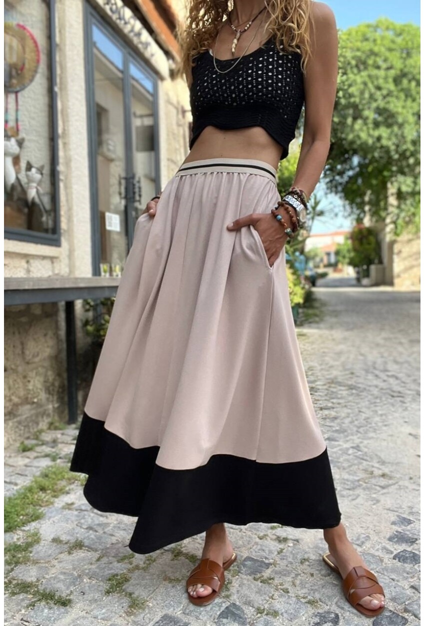 Kadın Bej Beli Şeritli Lastikli Color Block Kiloş Uzun Etek BST700-3535
