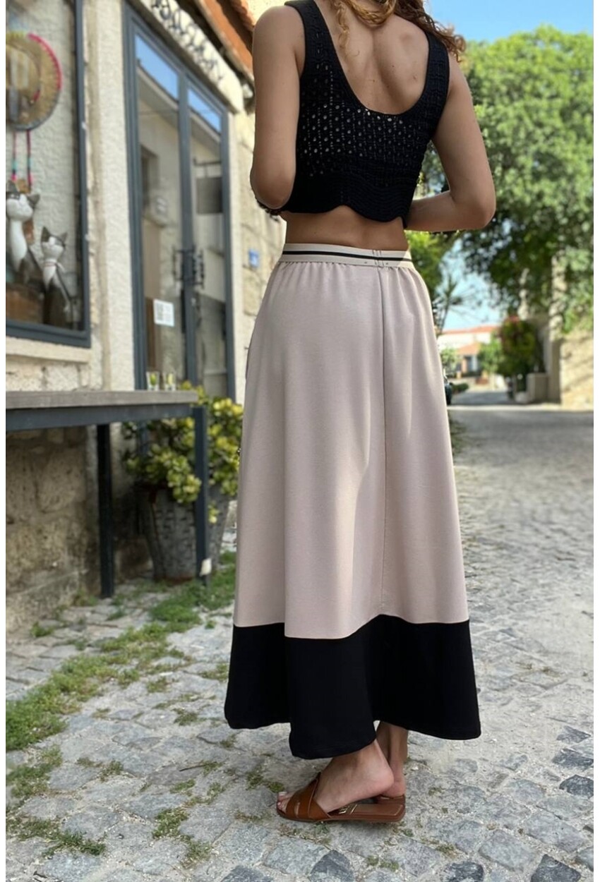 Kadın Bej Beli Şeritli Lastikli Color Block Kiloş Uzun Etek BST700-3535
