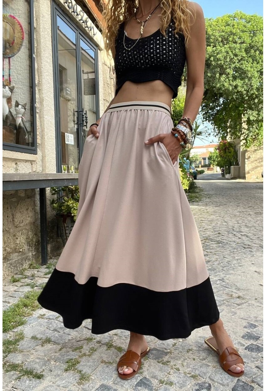 Kadın Bej Beli Şeritli Lastikli Color Block Kiloş Uzun Etek BST700-3535