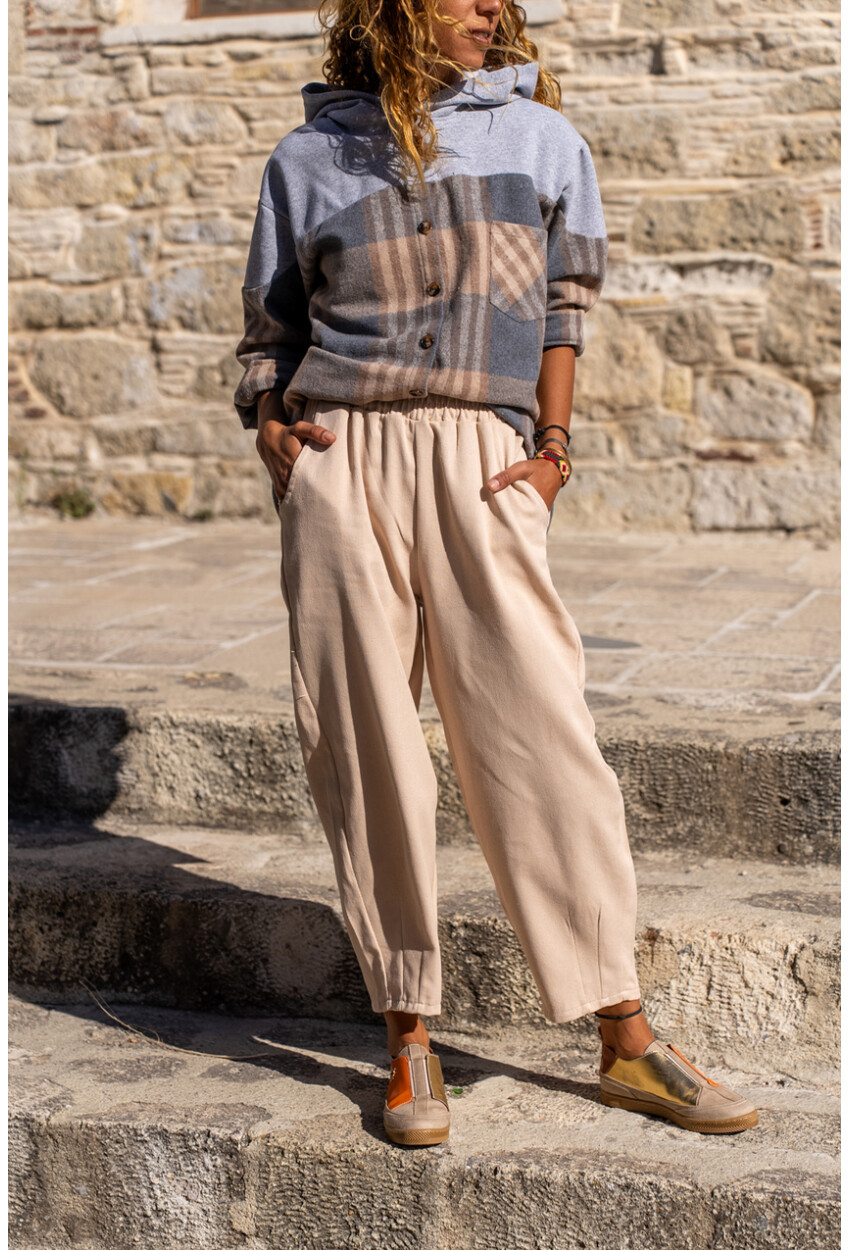 Kadın Bej Gabardin Beli Lastikli Cepli Salaş Pantolon Bst3475
