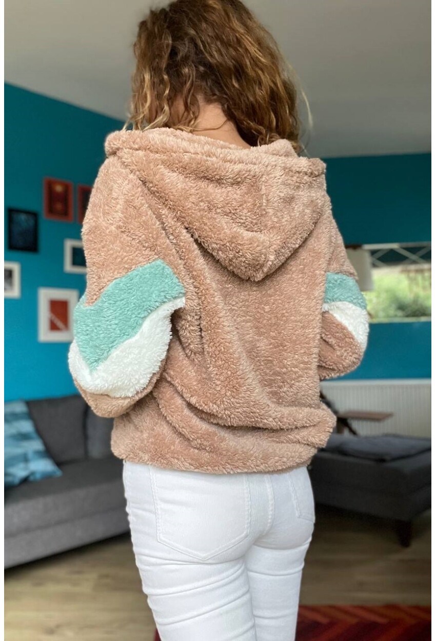 Kadın Bej Kapüşonlu Color Block Peluş Salaş Sweatshirt 1St25
