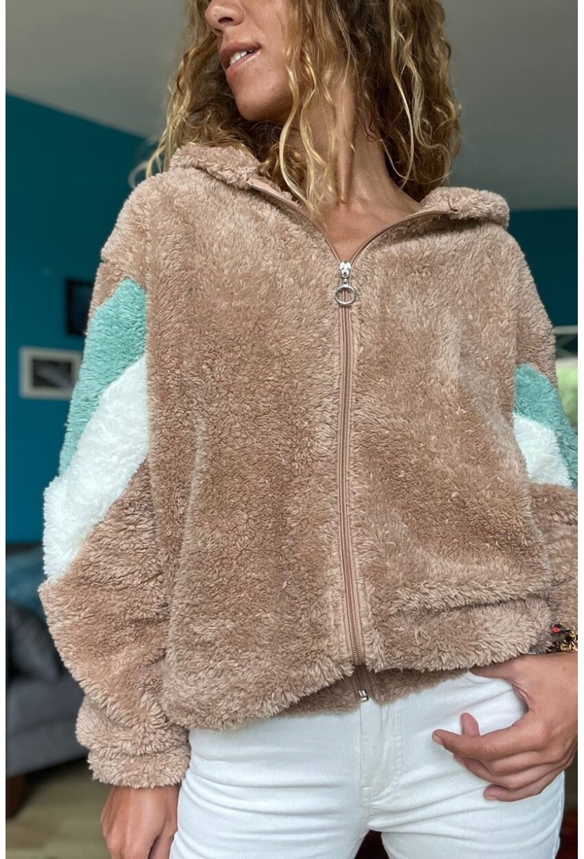 Kadın Bej Kapüşonlu Color Block Peluş Salaş Sweatshirt 1St25