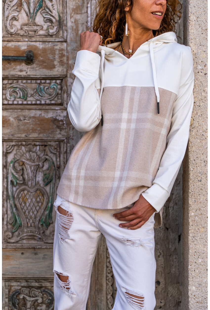 Kadın Bej Kapüşonlu Desenli Garnili Salaş Sweatshirt BST700-3565
